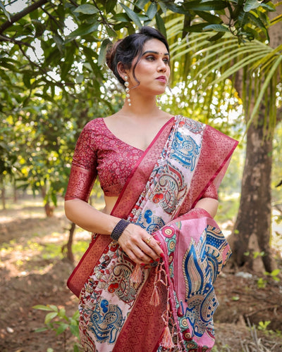Blush Pink Digital Print Tussar Silk Saree with Zari Border and Peacock Motif Pallu