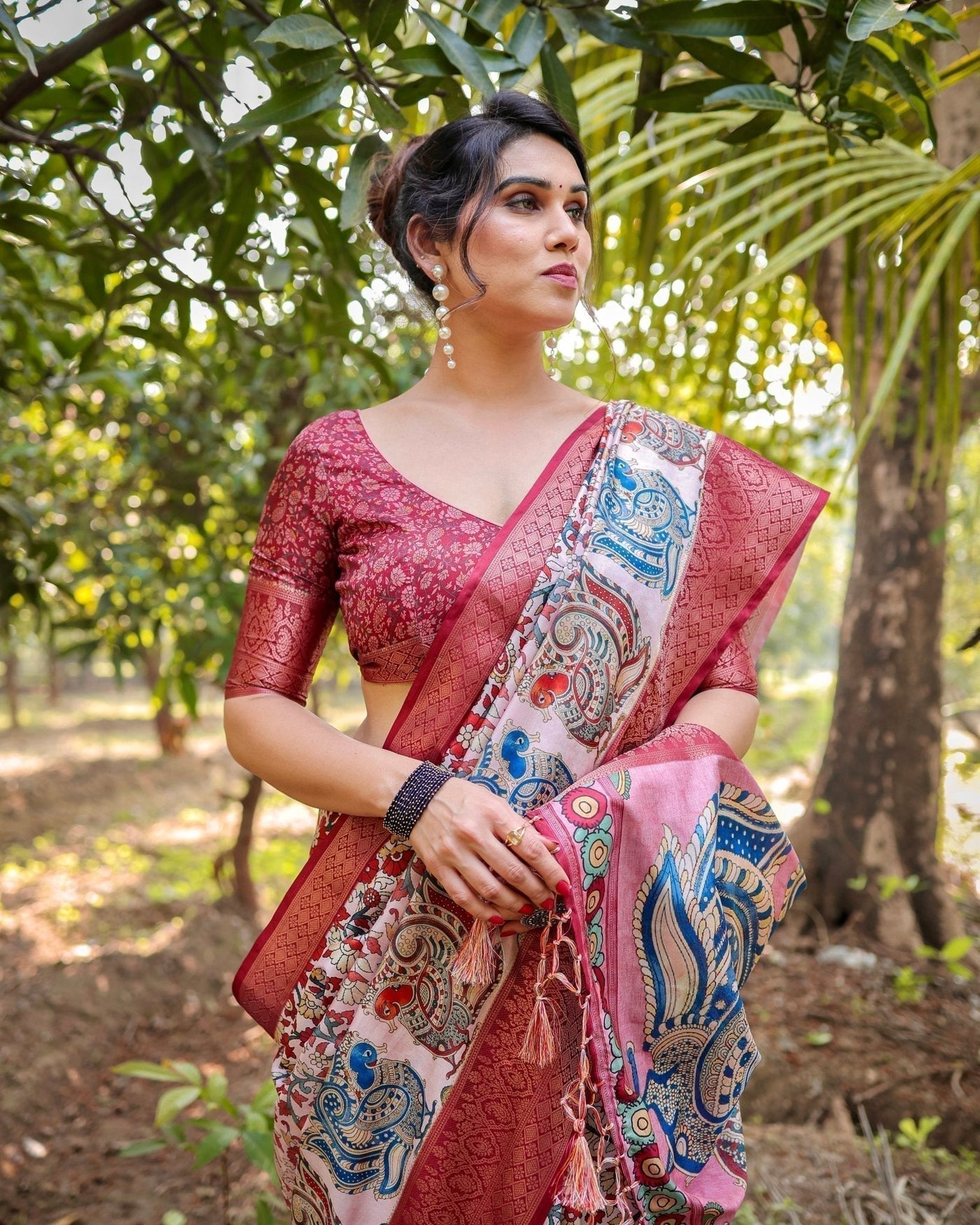 Blush Pink Digital Print Tussar Silk Saree with Zari Border and Peacock Motif Pallu