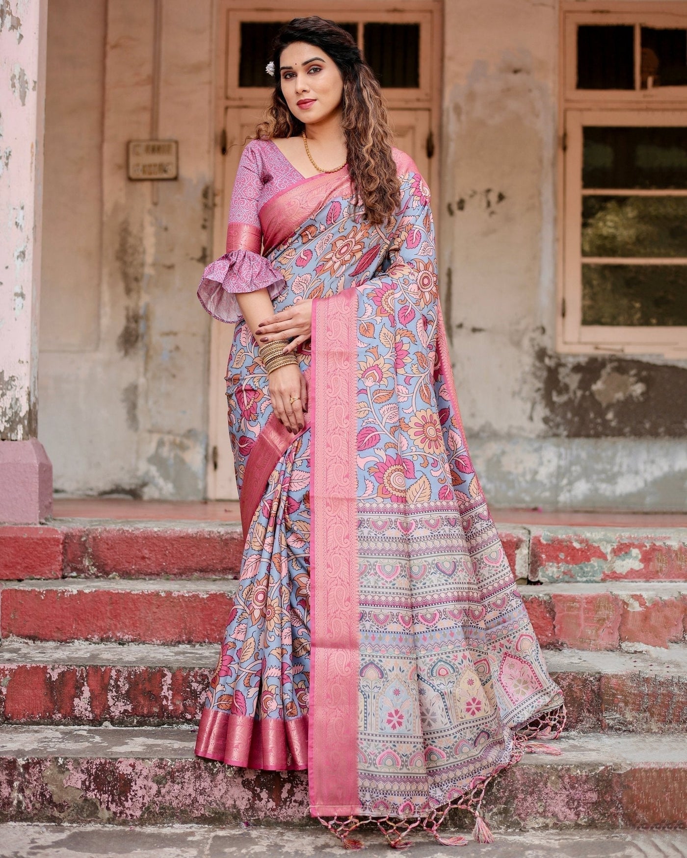 Graceful Grey Tussar Silk Saree with Pink Zari Border and Intricate Floral Motifs