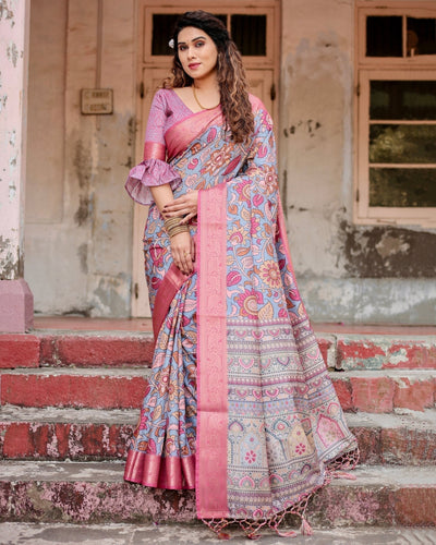Graceful Grey Tussar Silk Saree with Pink Zari Border and Intricate Floral Motifs
