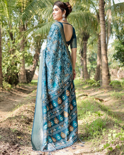 Mesmerizing Blue Tussar Silk Saree with Golden Zari Border and Mosaic-Inspired Pallu Design