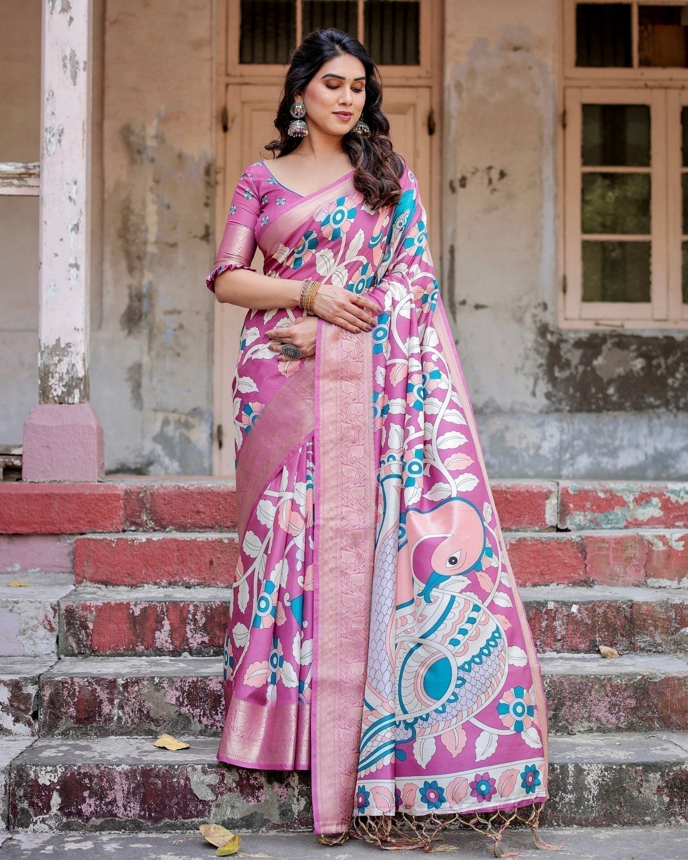 Blush Pink Tussar Silk Saree with Elegant Peacock and Floral Kalamkari Design