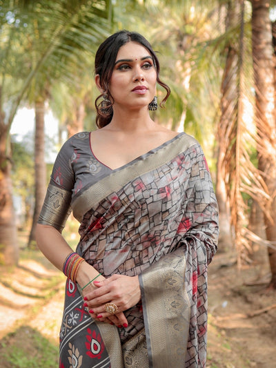 Stunning Grey Tussar Silk Saree with Golden Zari Border and Mosaic-Inspired Pallu Design