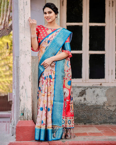 Beige and Red Tussar Silk Saree with Divine Motifs and Floral Zari Border