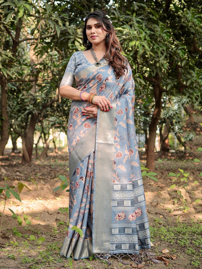 Stylish Sky Blue Tussar Silk Saree with Beige and Gold Zari Work and Contemporary Pallu Design