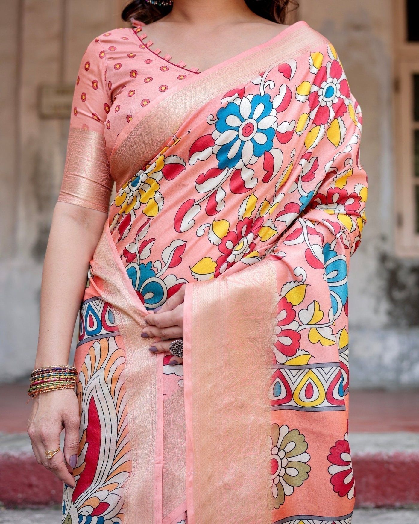 Peach Tussar Silk Saree with Vibrant Floral Kalamkari and Zari Highlights