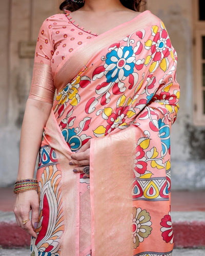 Peach Tussar Silk Saree with Vibrant Floral Kalamkari and Zari Highlights