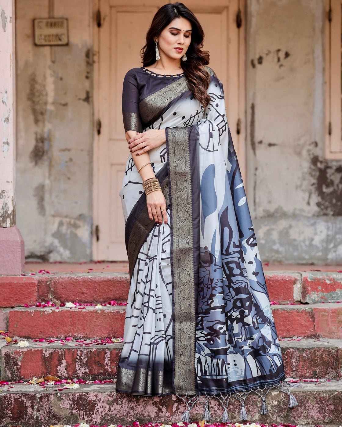 Monochrome Abstract Tussar Silk Saree with Charcoal Gray Zari Border