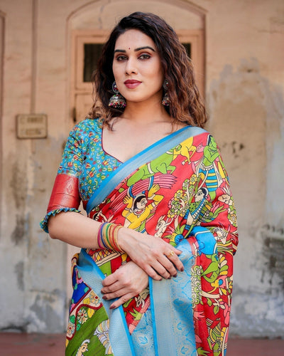 Multicolor Folk Art Inspired Digital Print Tussar Silk Saree with Sky Blue Zari Border