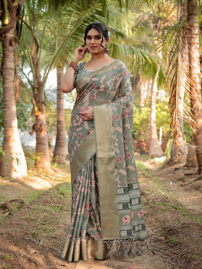 Graceful Olive Green Tussar Silk Saree with Intricate Beige and Maroon Botanical Print and Zari Border