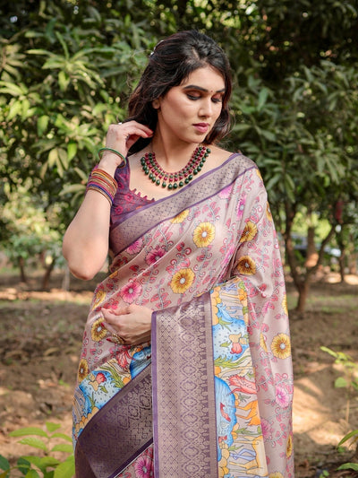 Pastel Beige Tussar Silk Saree with Vibrant Floral Motifs and Zari Border