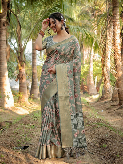Graceful Olive Green Tussar Silk Saree with Intricate Beige and Maroon Botanical Print and Zari Border