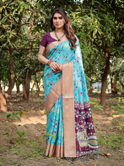 Aqua Blue Tussar Silk Saree with Floral Vine Design and Gold Zari Border