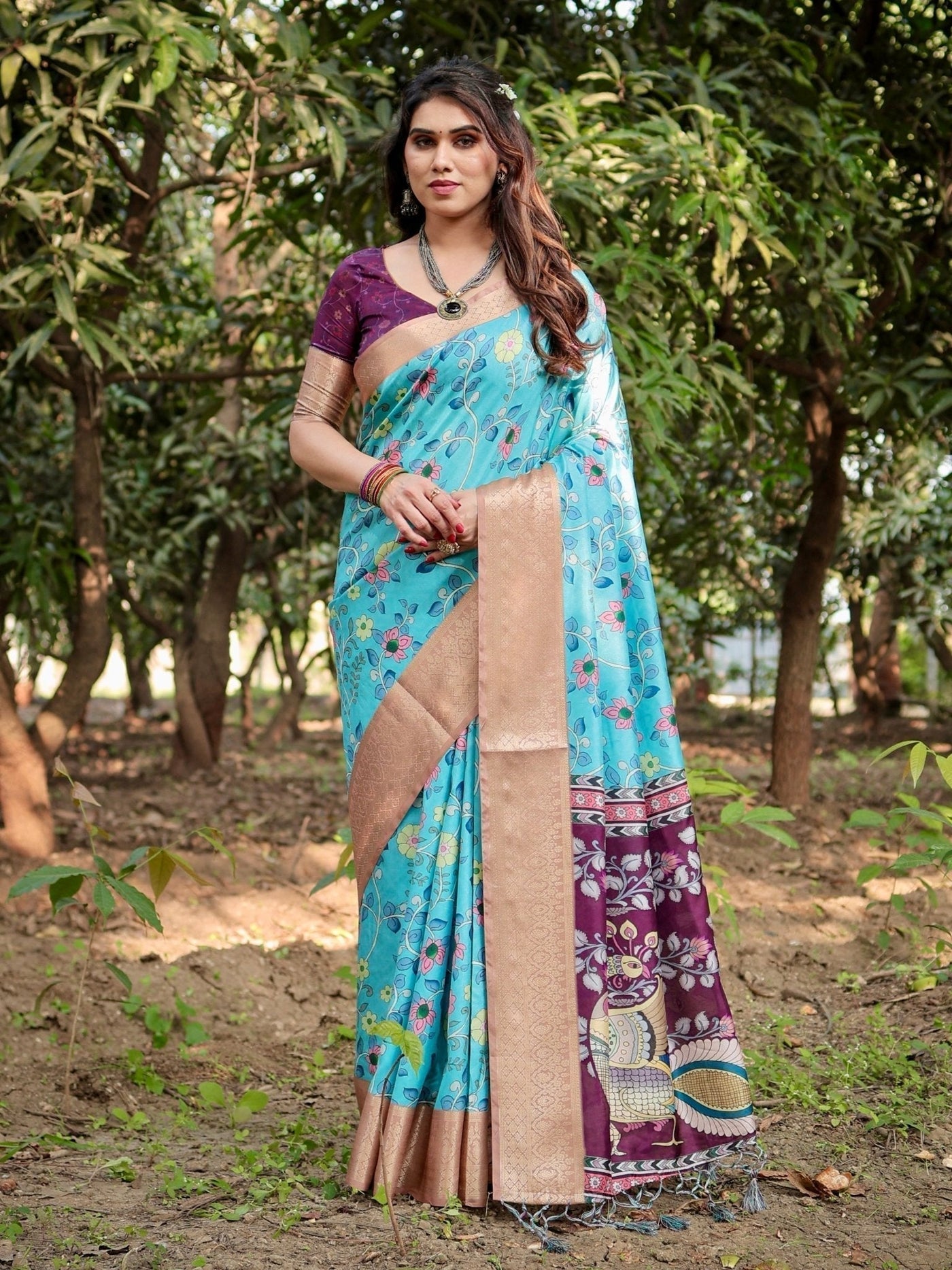 Aqua Blue Tussar Silk Saree with Floral Vine Design and Gold Zari Border