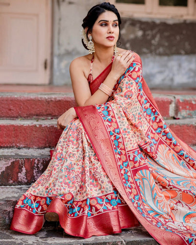 Beige and Coral Tussar Silk Saree with Intricate Floral Prints and Artistic Pallu