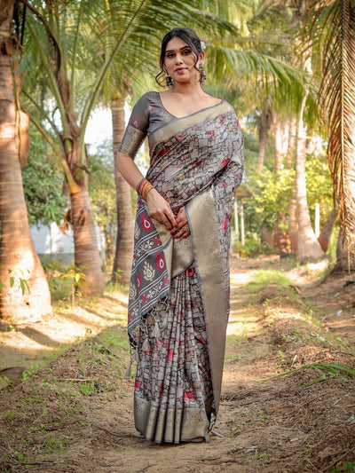 Stunning Grey Tussar Silk Saree with Golden Zari Border and Mosaic-Inspired Pallu Design