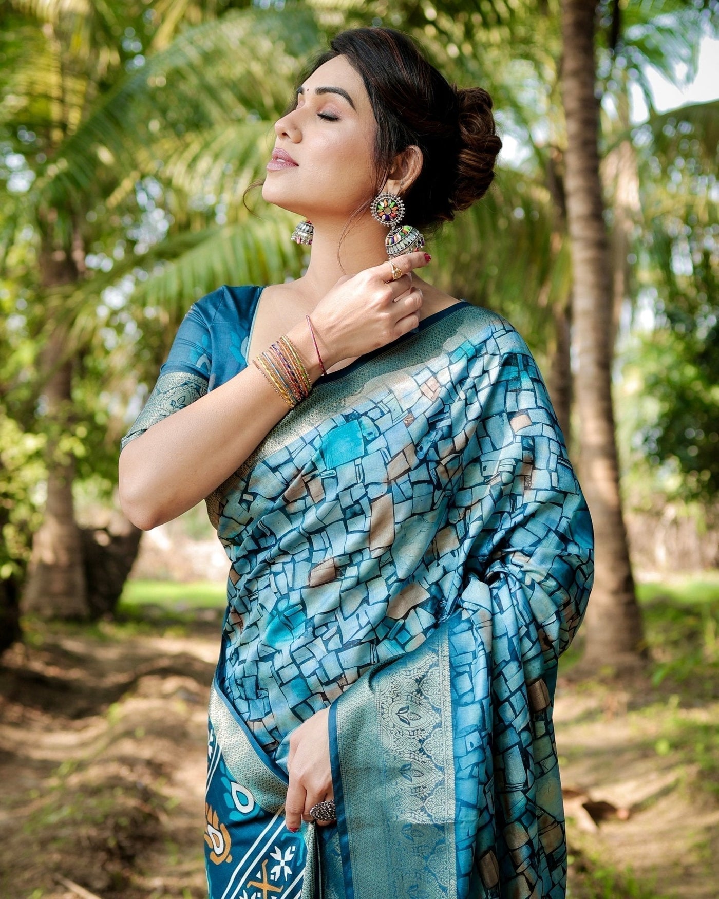 Mesmerizing Blue Tussar Silk Saree with Golden Zari Border and Mosaic-Inspired Pallu Design