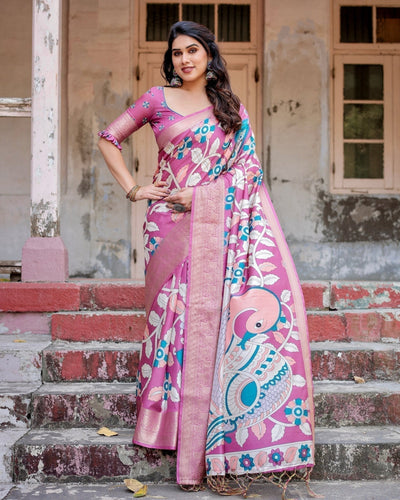 Blush Pink Tussar Silk Saree with Elegant Peacock and Floral Kalamkari Design
