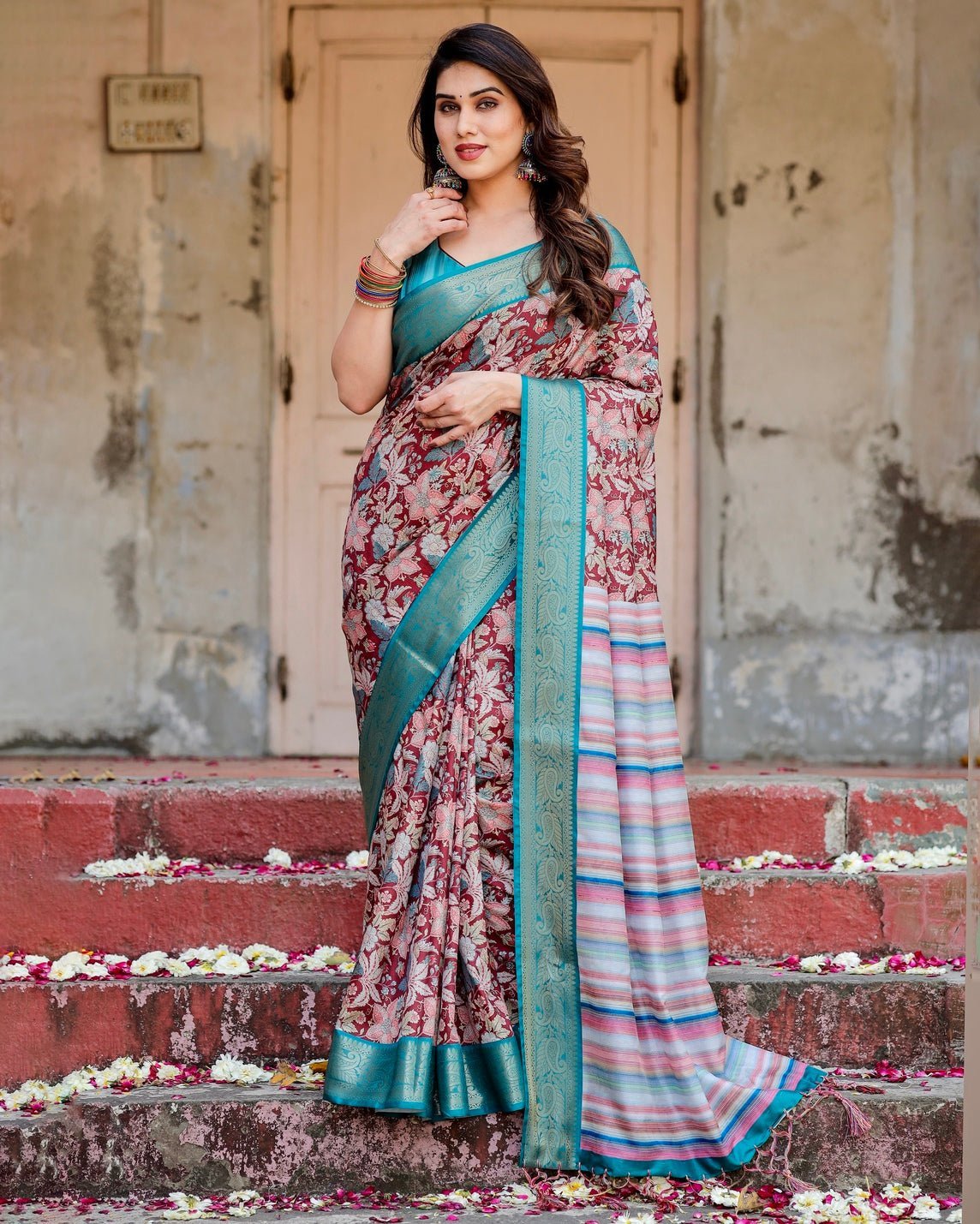 Maroon and Teal Tussar Silk Saree with Floral Zari Weave and Striped Pallu
