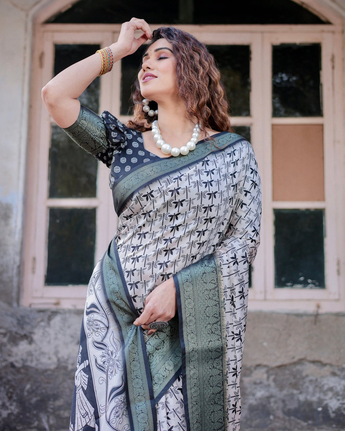 Monochrome White and Black Tussar Silk Saree with Tribal Art Motifs and Zari Border