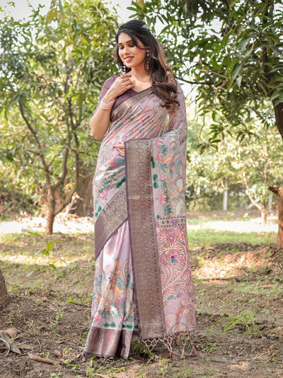 Lilac and Purple Digital Print Tussar Silk Saree with Zari Diamond Border and Lotus Motif Pallu