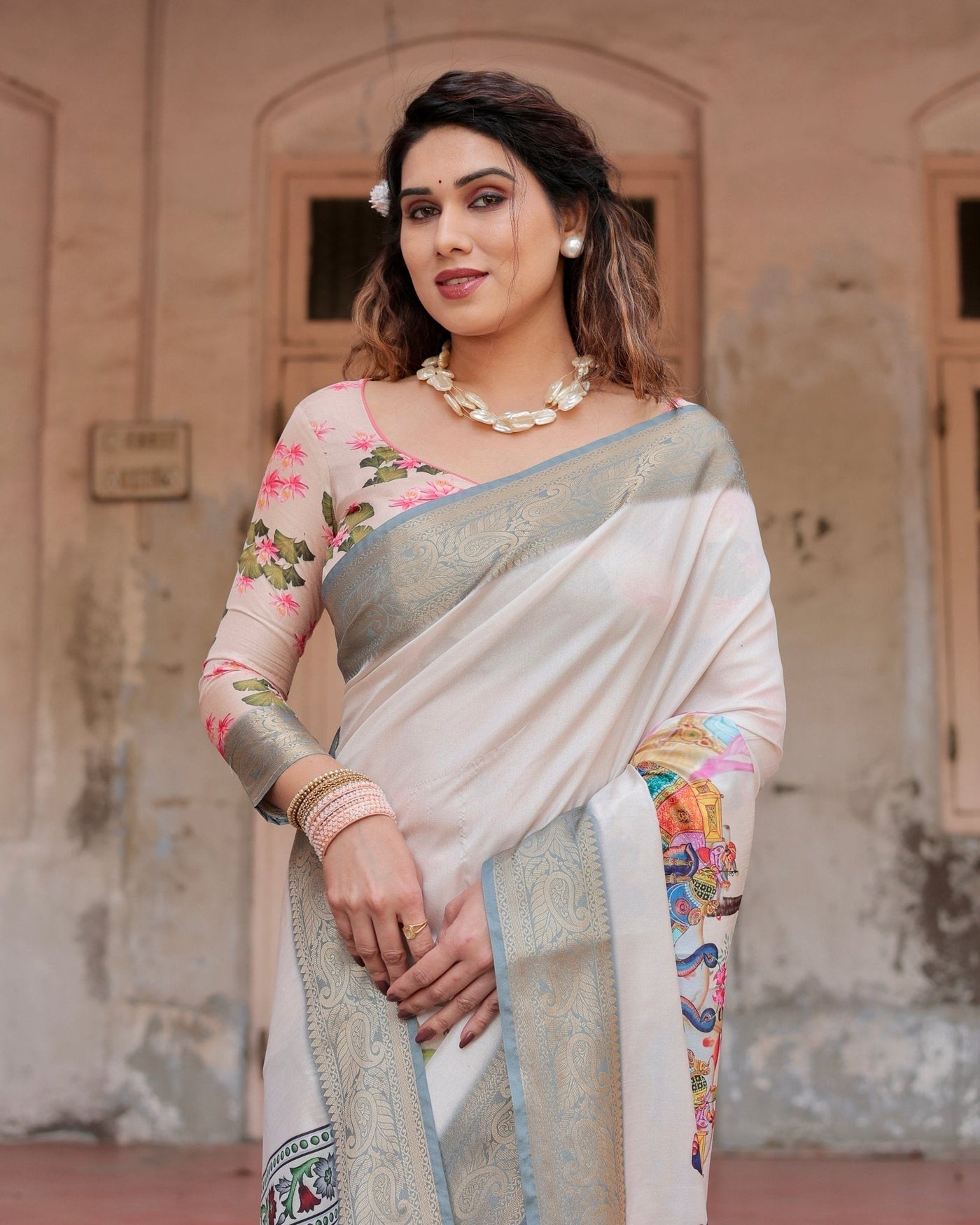 Ivory Tussar Silk Saree with Handcrafted Elephant Motif Pallu and Golden Zari Border