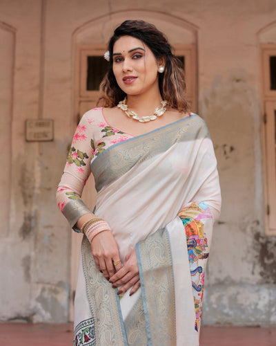 Ivory Tussar Silk Saree with Handcrafted Elephant Motif Pallu and Golden Zari Border