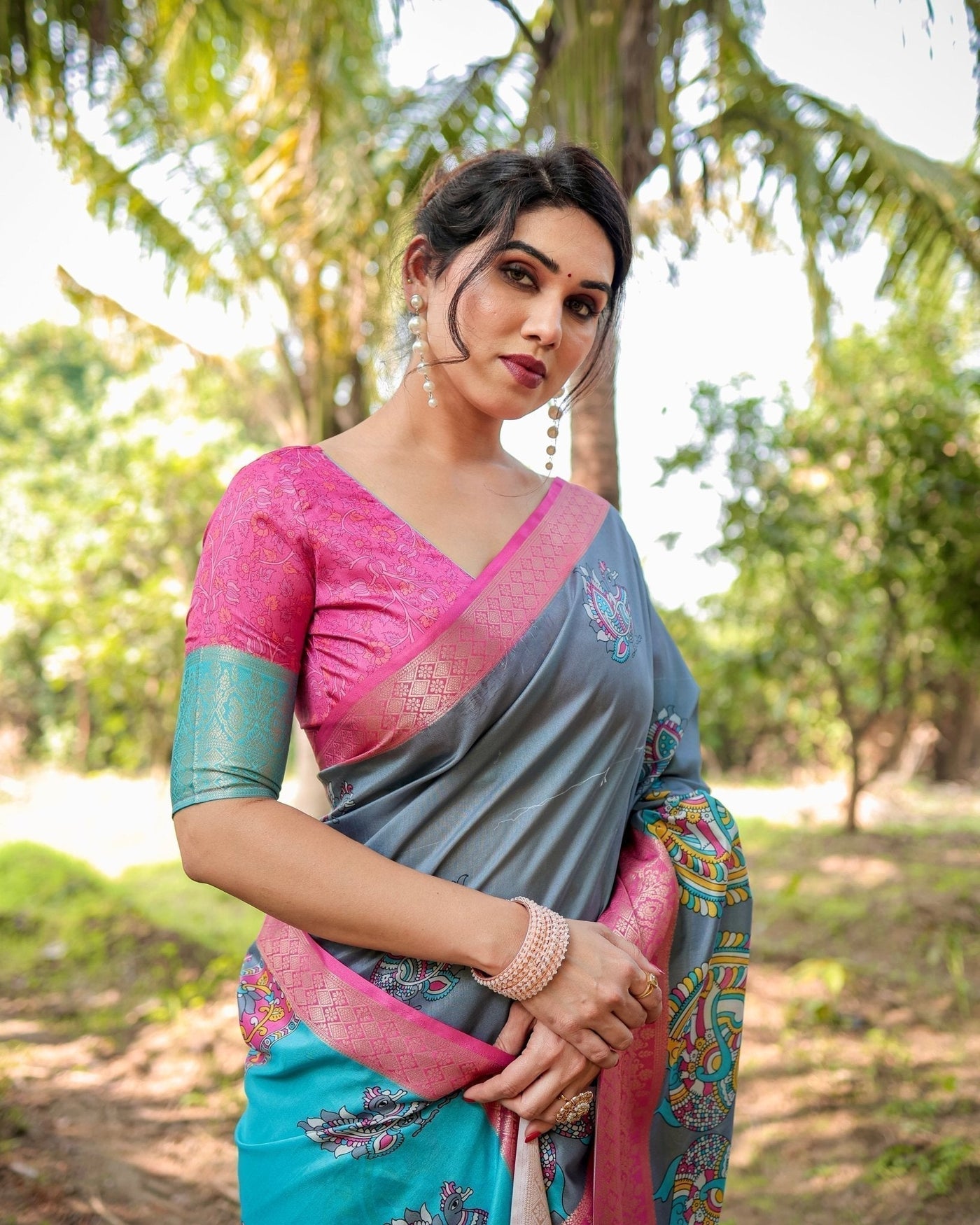 Pastel Grey and Turquoise Digital Print Tussar Silk Saree with Pink Zari Border and Peacock Motif Pallu