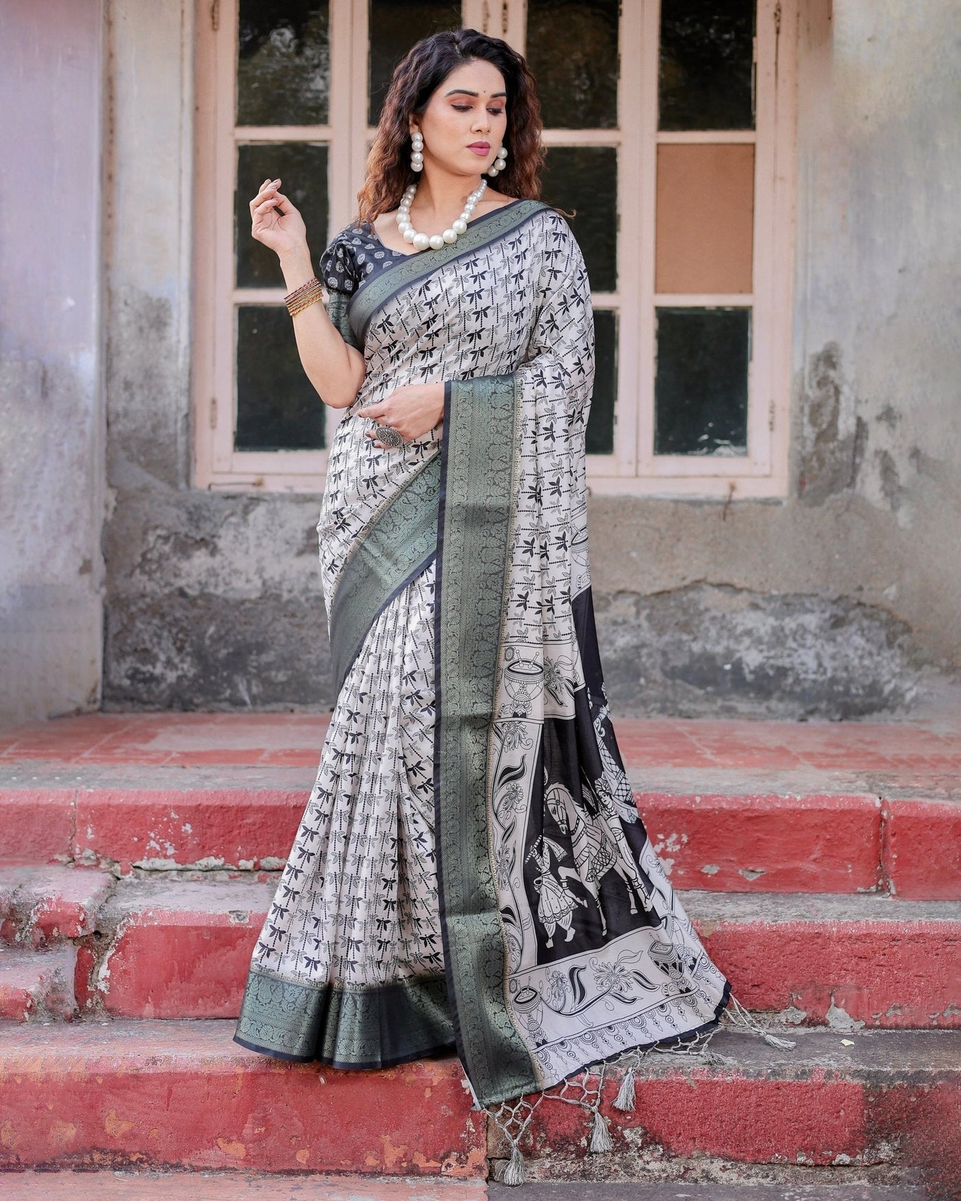 Monochrome White and Black Tussar Silk Saree with Tribal Art Motifs and Zari Border