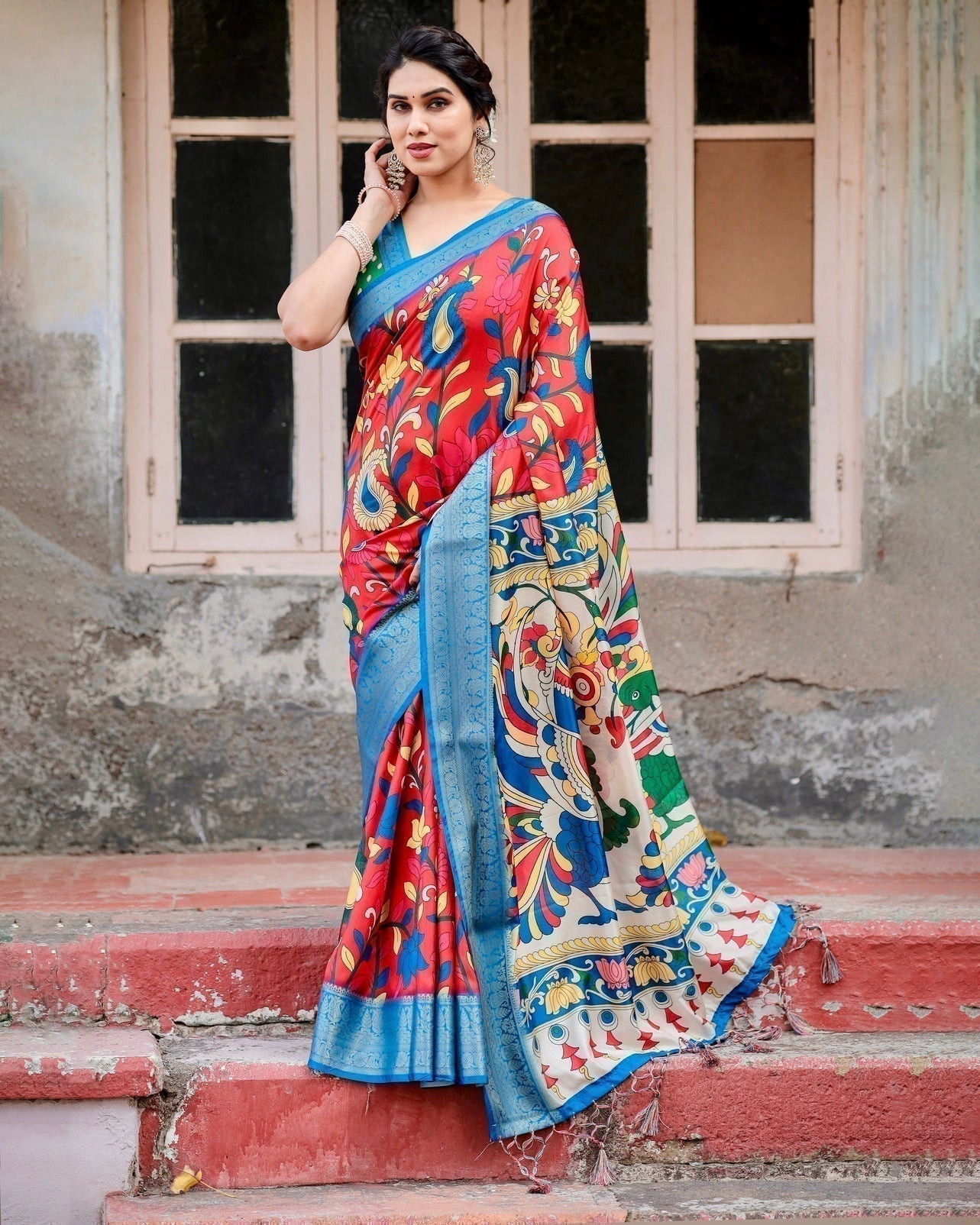 Multicolor Tussar Silk Saree with Vibrant Peacock and Floral Motifs
