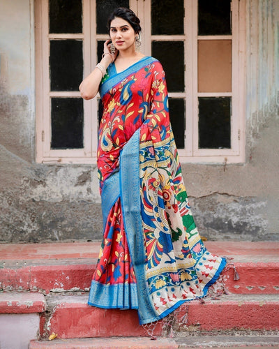 Multicolor Tussar Silk Saree with Vibrant Peacock and Floral Motifs