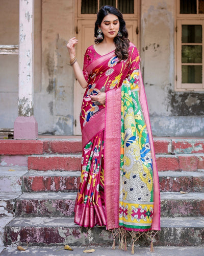 Magenta Tussar Silk Saree with Artistic Peacock & Floral Kalamkari Design