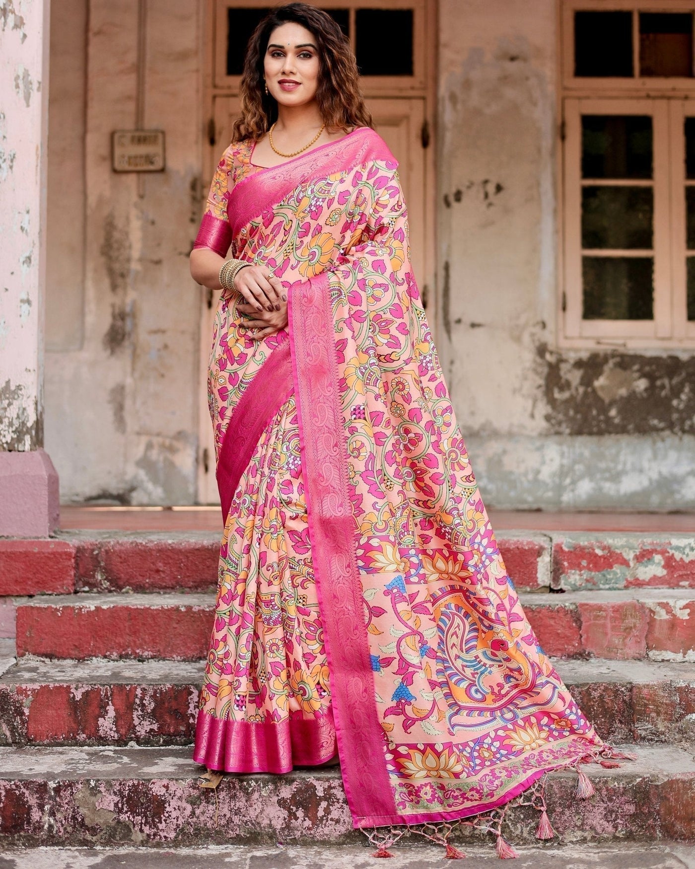 Peach and Fuchsia Floral Digital Print Tussar Silk Saree with Zari Border and Paisley Pallu