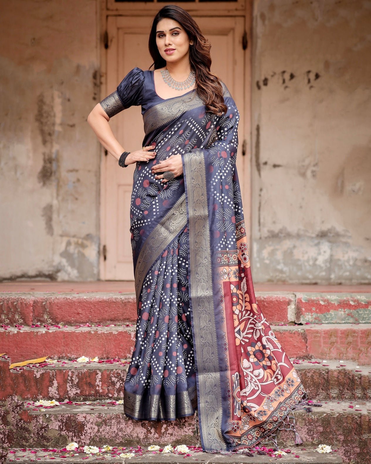 Navy Blue Tussar Silk Saree with Geometric Patterns, Zari Border, and Vibrant Pallu