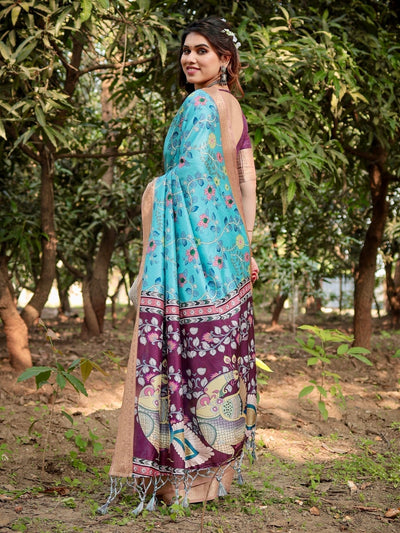 Aqua Blue Tussar Silk Saree with Floral Vine Design and Gold Zari Border