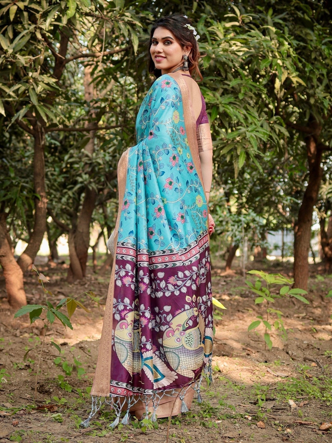 Aqua Blue Tussar Silk Saree with Floral Vine Design and Gold Zari Border