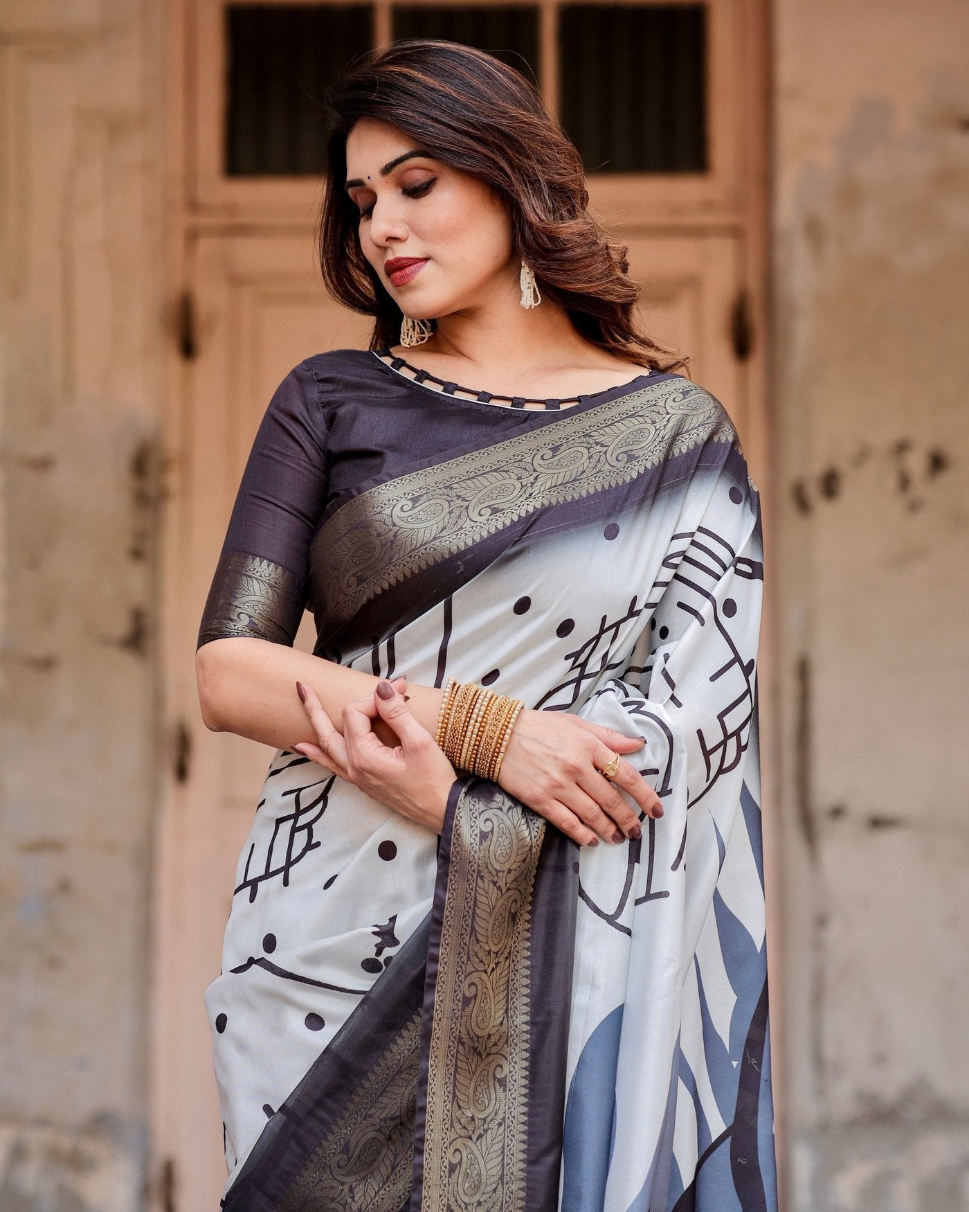 Monochrome Abstract Tussar Silk Saree with Charcoal Gray Zari Border