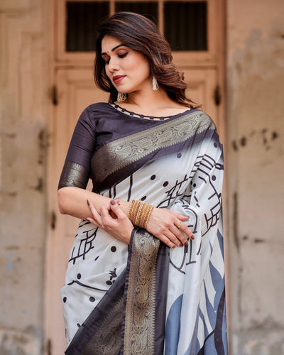 Monochrome Abstract Tussar Silk Saree with Charcoal Gray Zari Border