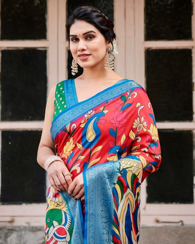 Multicolor Tussar Silk Saree with Vibrant Peacock and Floral Motifs