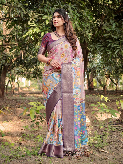 Pastel Beige Tussar Silk Saree with Vibrant Floral Motifs and Zari Border