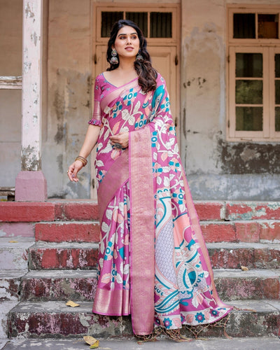 Blush Pink Tussar Silk Saree with Elegant Peacock and Floral Kalamkari Design