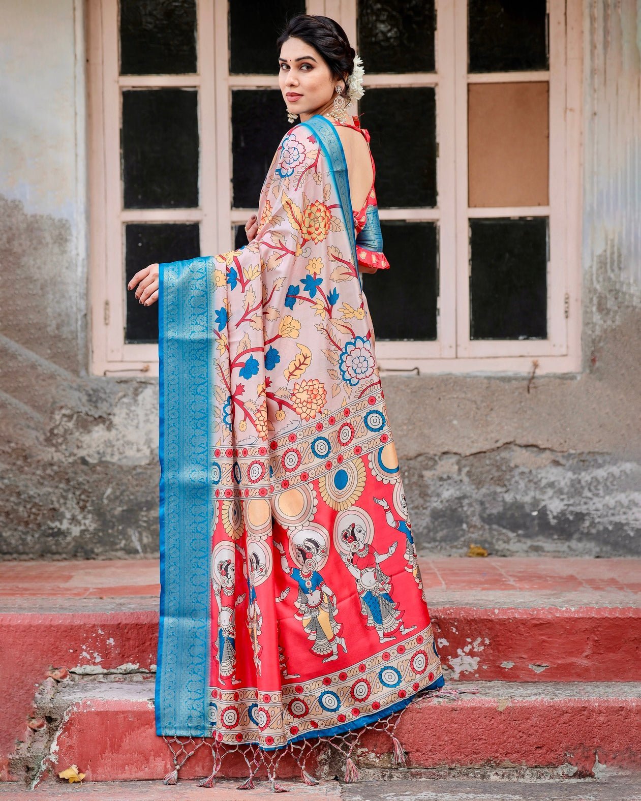 Beige and Red Tussar Silk Saree with Divine Motifs and Floral Zari Border