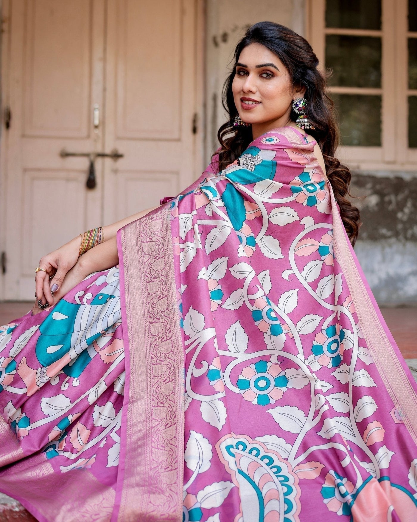 Blush Pink Tussar Silk Saree with Elegant Peacock and Floral Kalamkari Design