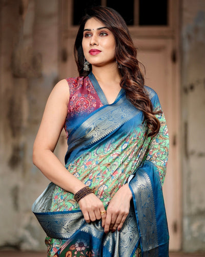 Majestic Blue and Green Digital Print Saree with Intricate Floral Motifs and Contrasting Pallu
