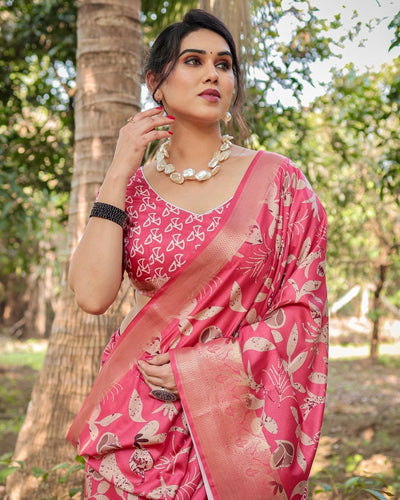 Vibrant Pink Tussar Silk Saree with Intricate Zari Border and Modern Floral Pallu