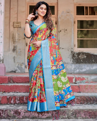 Multicolor Folk Art Inspired Digital Print Tussar Silk Saree with Sky Blue Zari Border