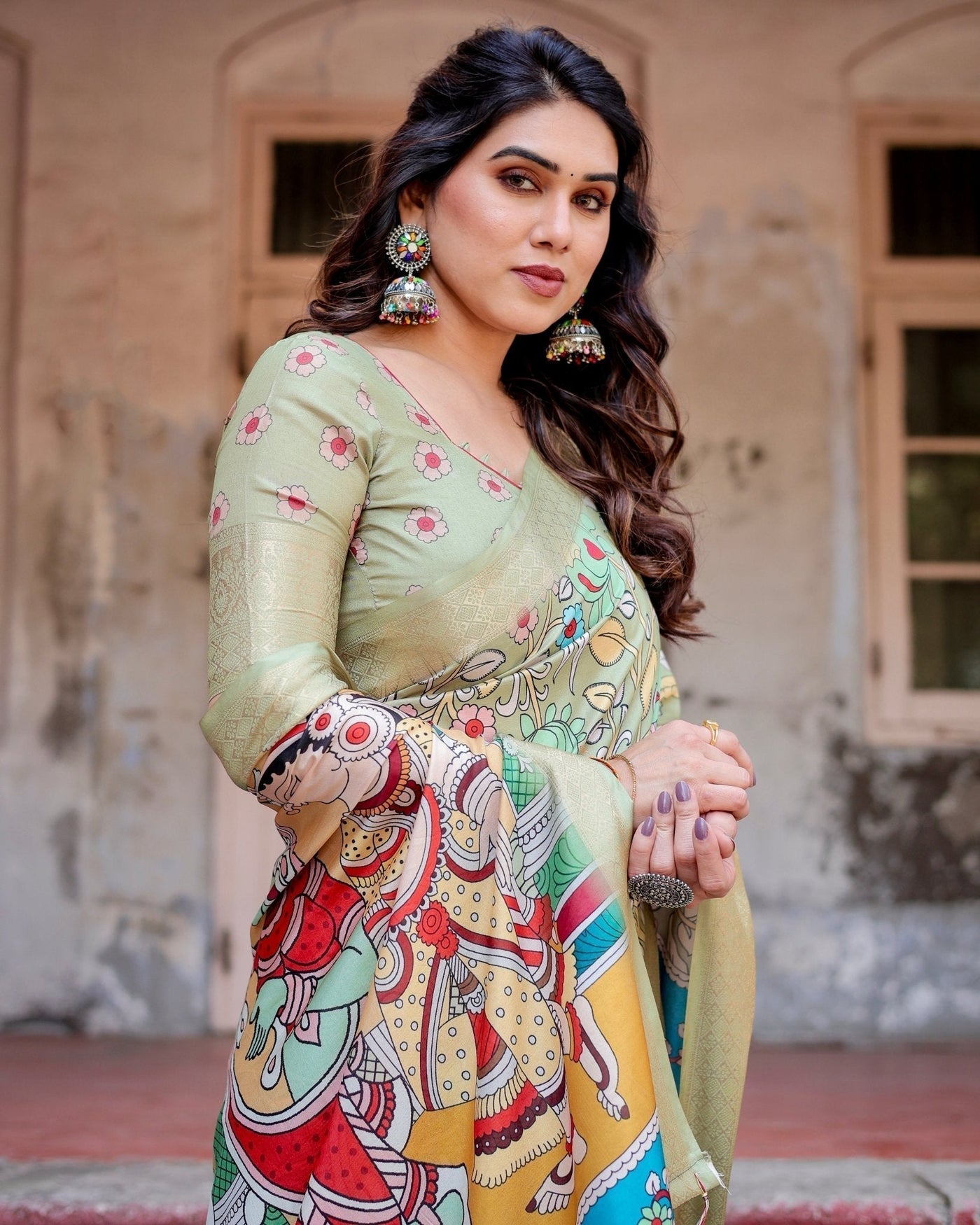 Pastel Green Tussar Silk Saree with Mythological Kalamkari Pallu and Zari Border