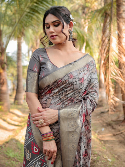 Stunning Grey Tussar Silk Saree with Golden Zari Border and Mosaic-Inspired Pallu Design