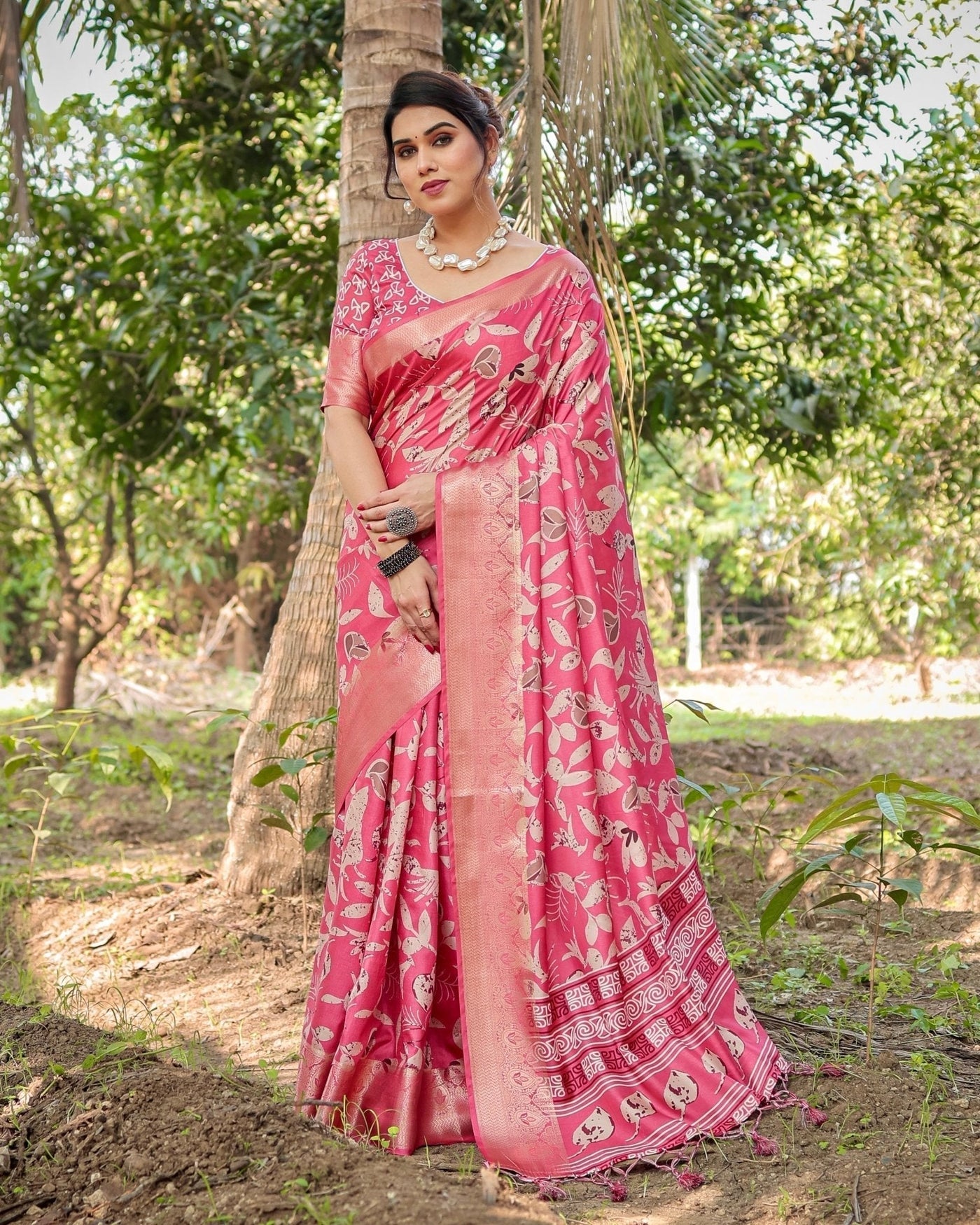 Vibrant Pink Tussar Silk Saree with Intricate Zari Border and Modern Floral Pallu