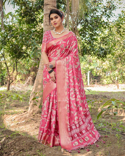 Vibrant Pink Tussar Silk Saree with Intricate Zari Border and Modern Floral Pallu